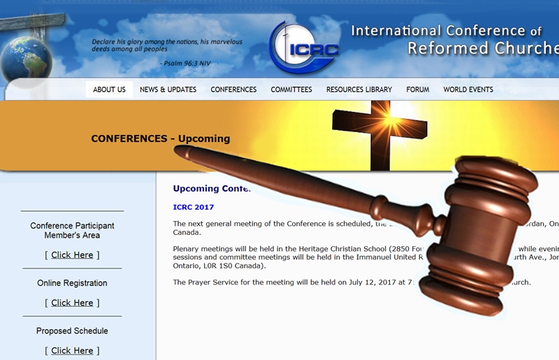 ▲화란개혁파교회에 대해 ICRC회원권을 즉시 중지시킨 ICRC. ICRC 홈페이지에 의사봉을 넣은 그림.